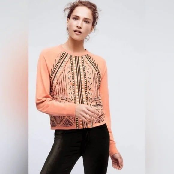 Anthropologie Akemi + Kin Peach Embroidered Bohemian Crew Neck Sweatshirt S - Picture 1 of 9